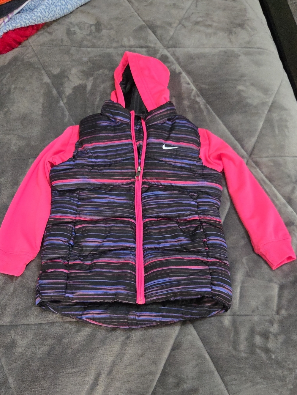 Nike Girls' Hooded Puffer Vest/Sweatshirt- Black & Pink Stripes